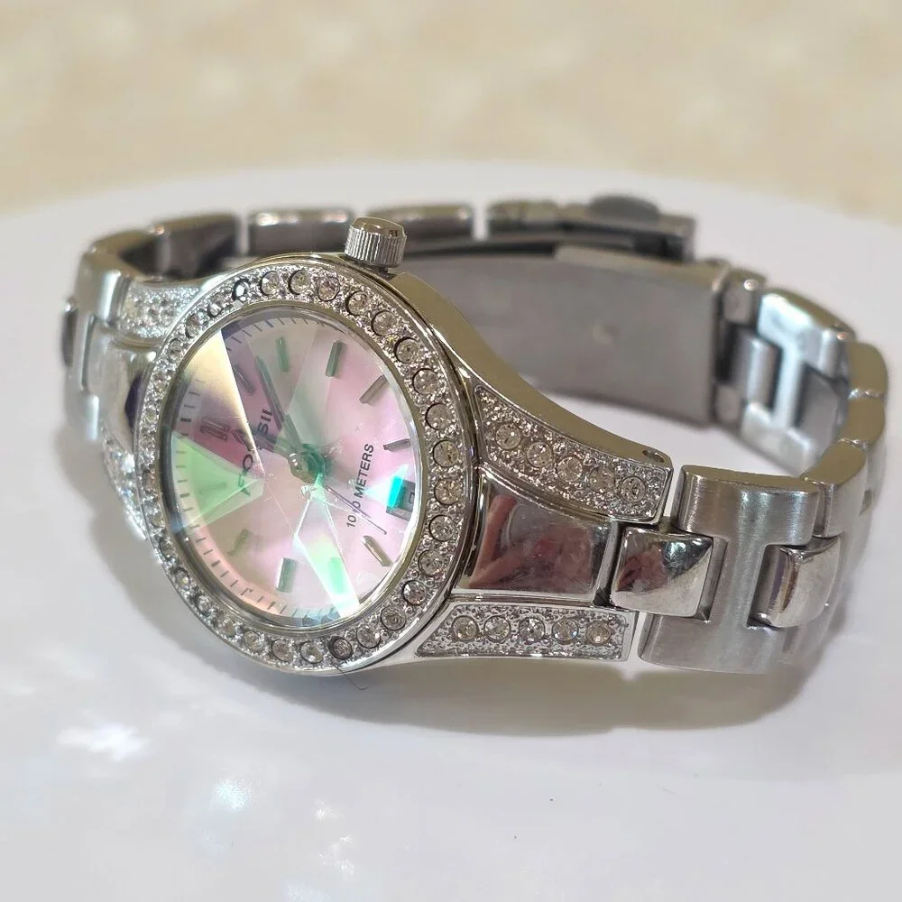 FOSSIL BLUE Pink Dial Rivoli Crystal 100M Quartz Watch Jeweled Bezel Band AM4026